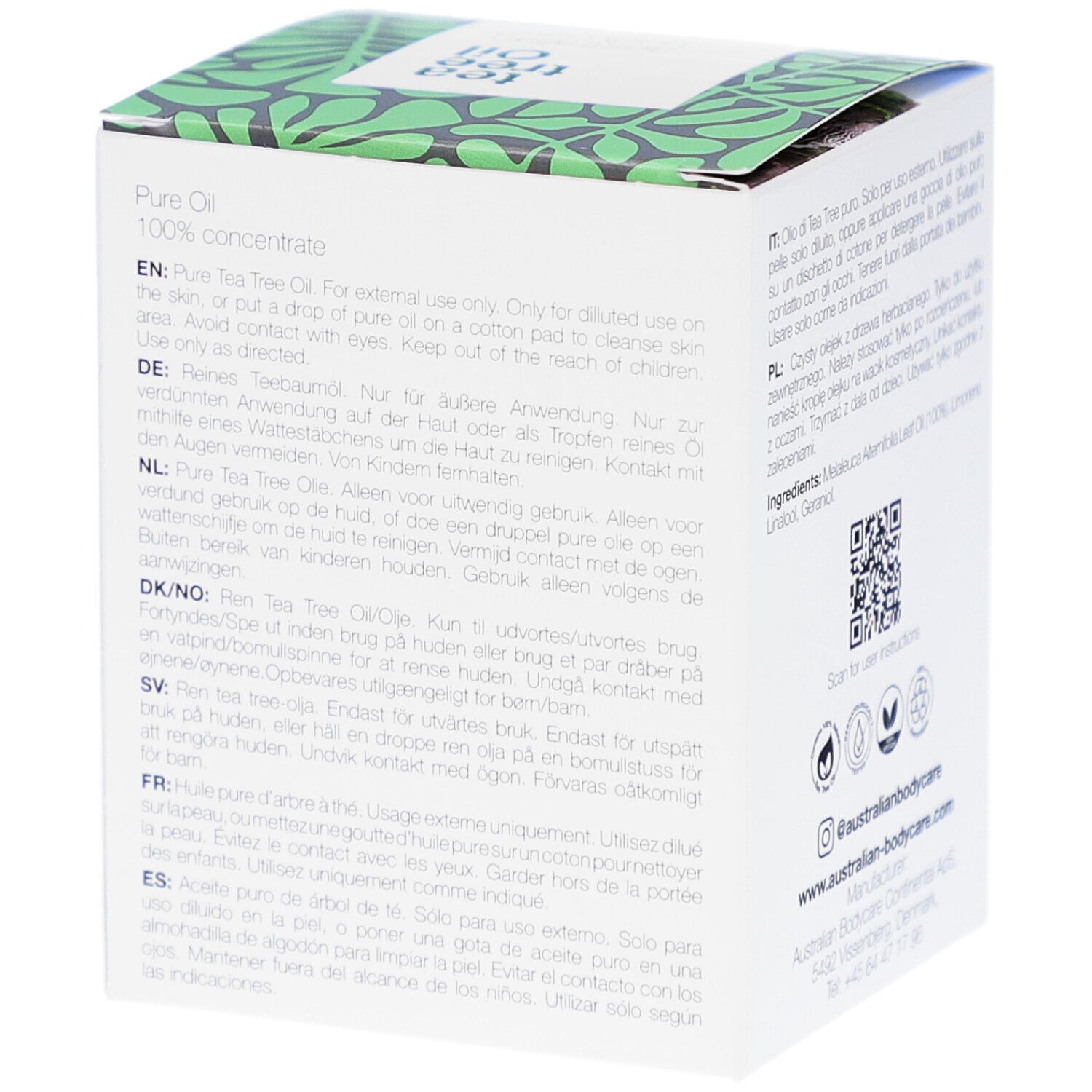 Verpackung mit Produktinformationen in verschiedenen Sprachen. Text und Logo.