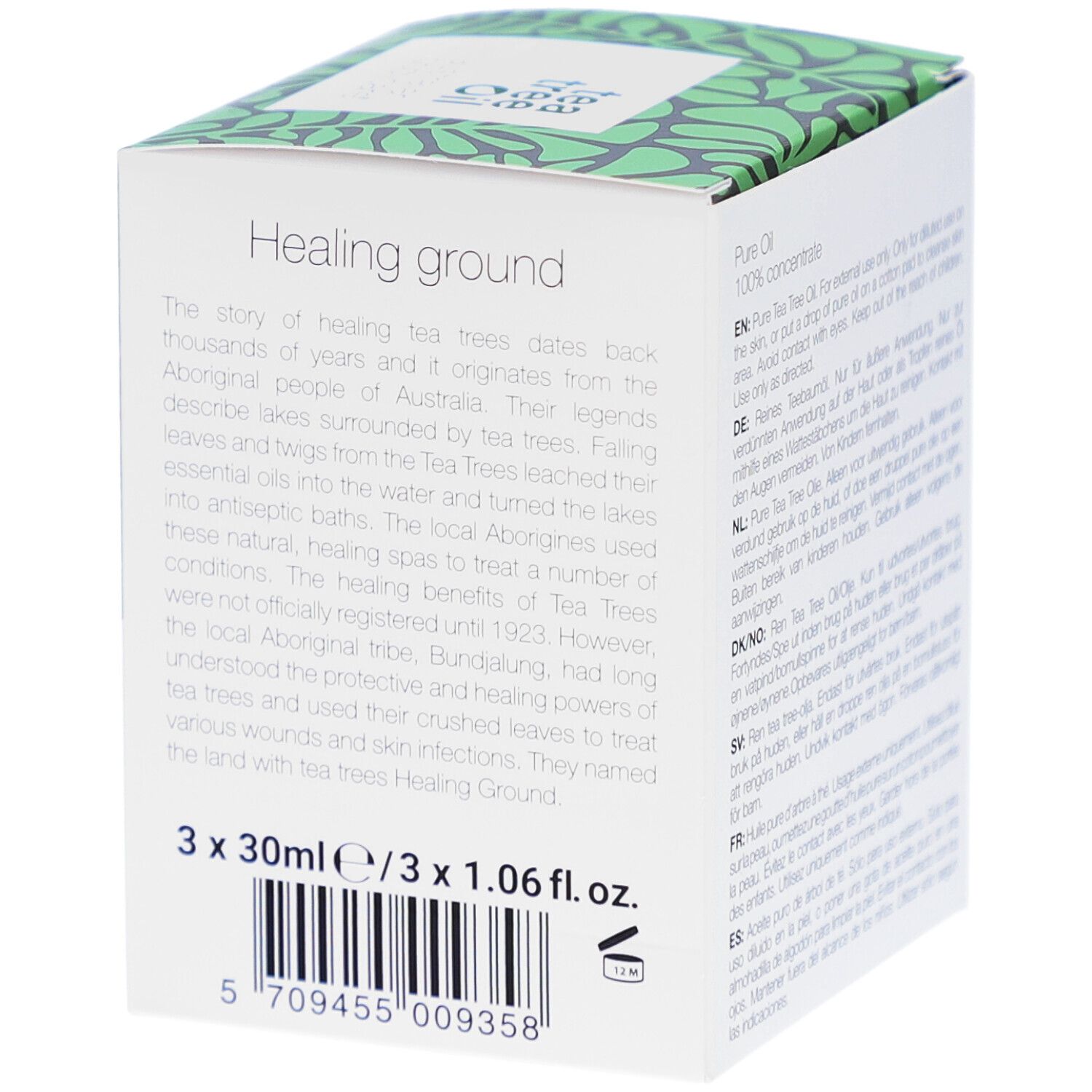 Rückseite der Verpackung mit Text über die Geschichte des Teebaumöls und Barcode.
