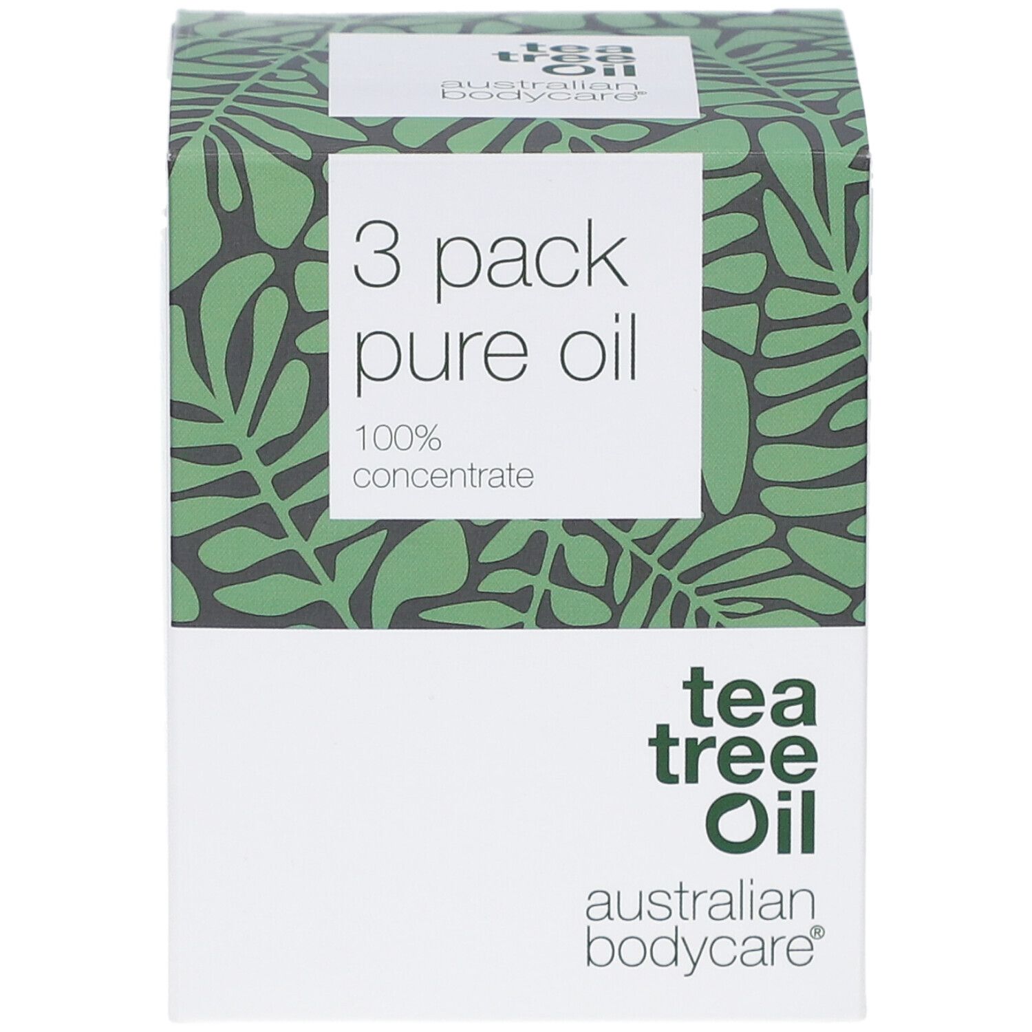 Verpackung mit 3 Flaschen Teebaumöl. Grün-weißes Design mit Produktinformationen und Logo.