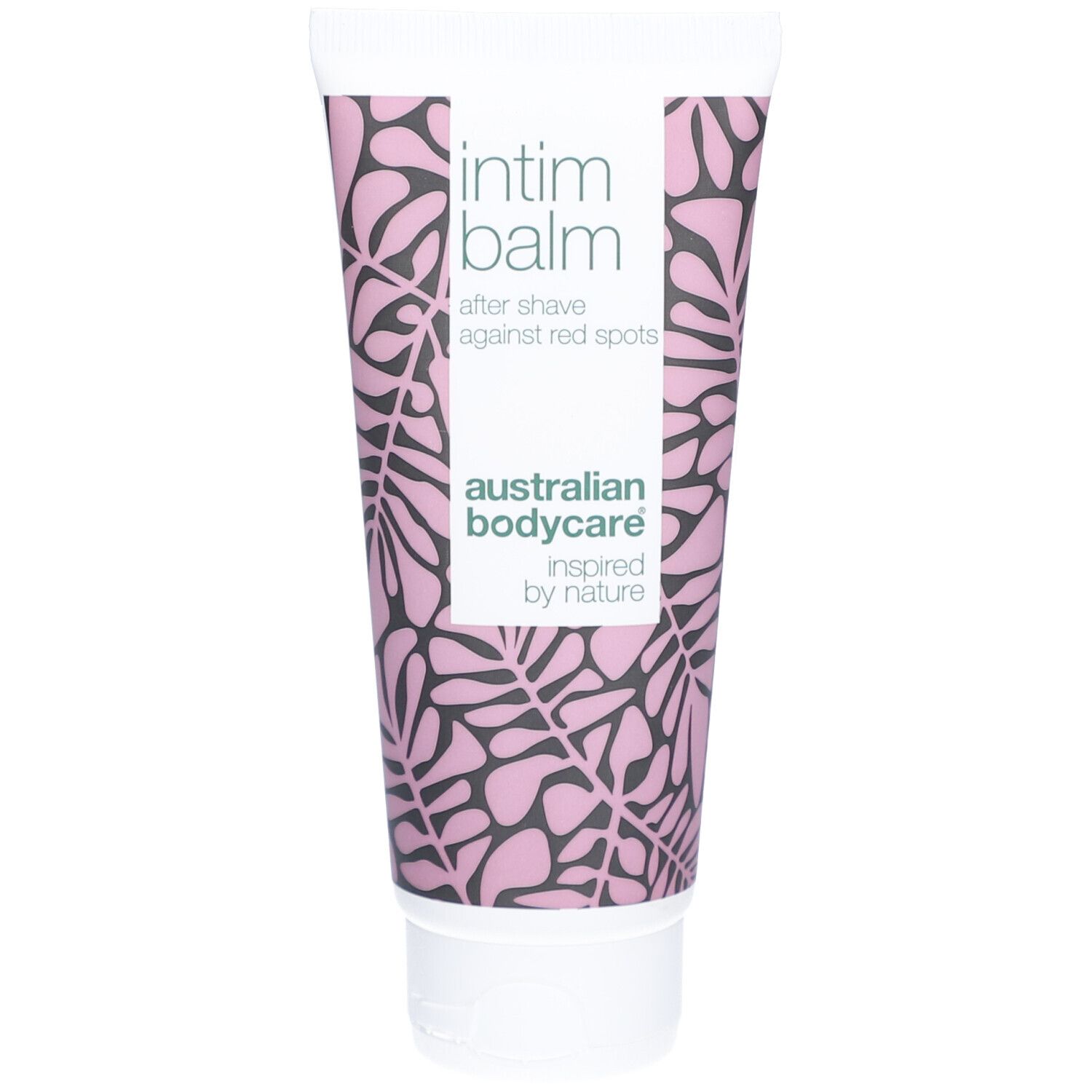 Tube Intimrasur Balsam, weißer Deckel. Aufschrift: Intim Balm, after shave against red spots. Marke: Australian Bodycare.