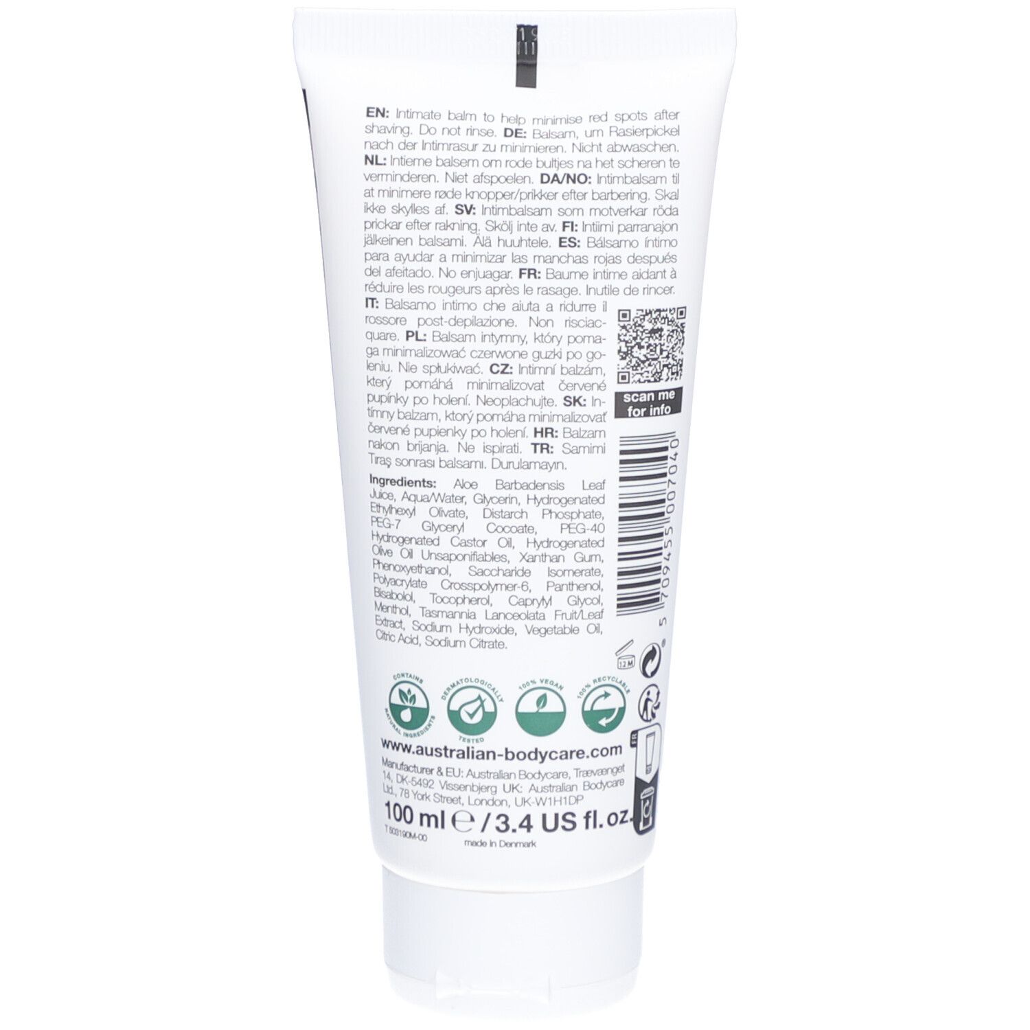 Rückseite der Tube Intimrasur Balsam. Text in mehreren Sprachen, Inhaltsstoffe, Logo Australian Bodycare, 100 ml.