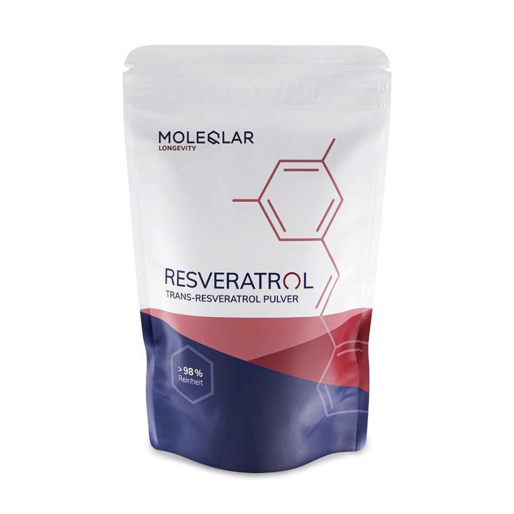 Sachet blanc. Inscriptions: MoleQlar, Resveratrol, Trans-Resveratrol Pulver. Partie inférieure rouge et bleu.