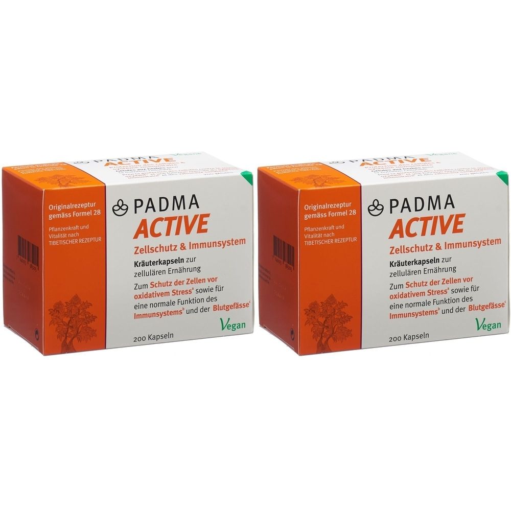 Zwei Schachteln mit "PADMA ACTIVE"-Kapseln. Aufschrift: Zellschutz & Immunsystem, 200 Kapseln, Vegan. Orangefarbene und weiße Verpackung.