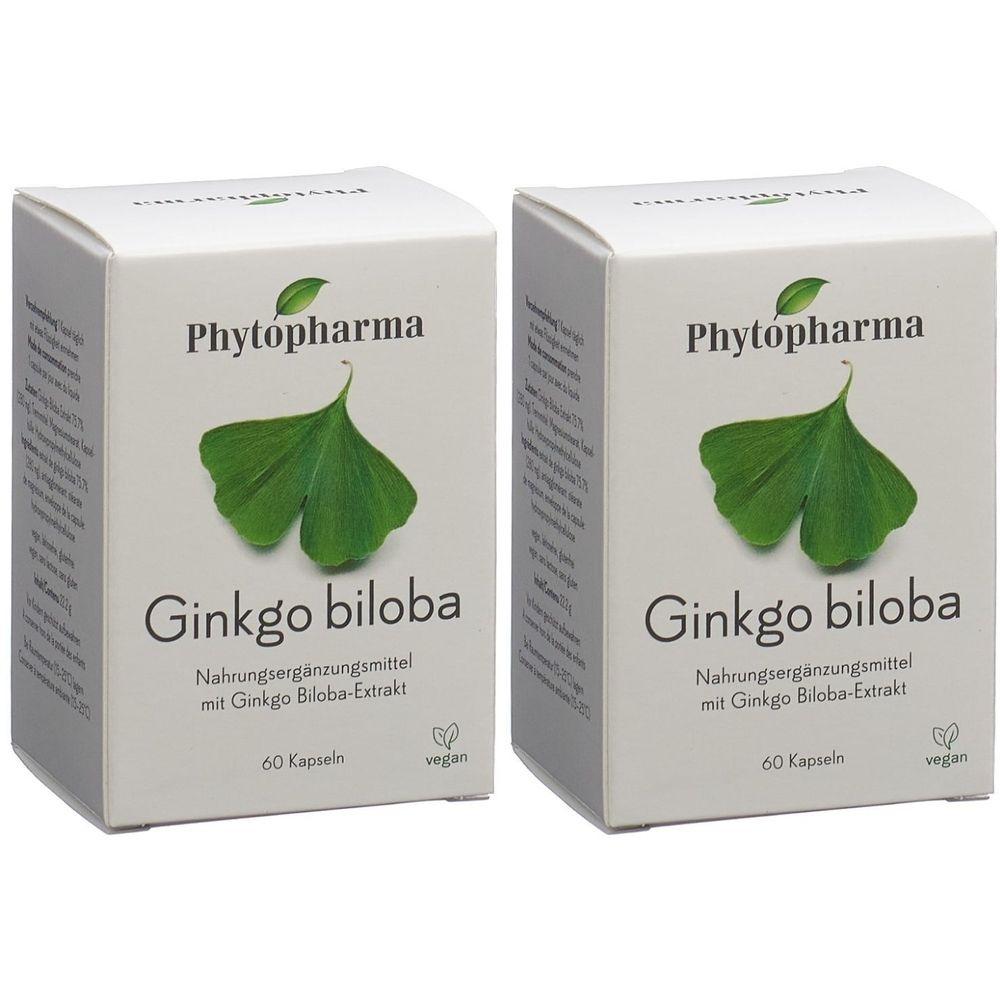 Zwei weiße Schachteln mit "Phytopharma Ginkgo biloba". Auf jeder Schachtel ein grünes Ginkgo-Blatt und Text. 60 Kapseln, vegan.