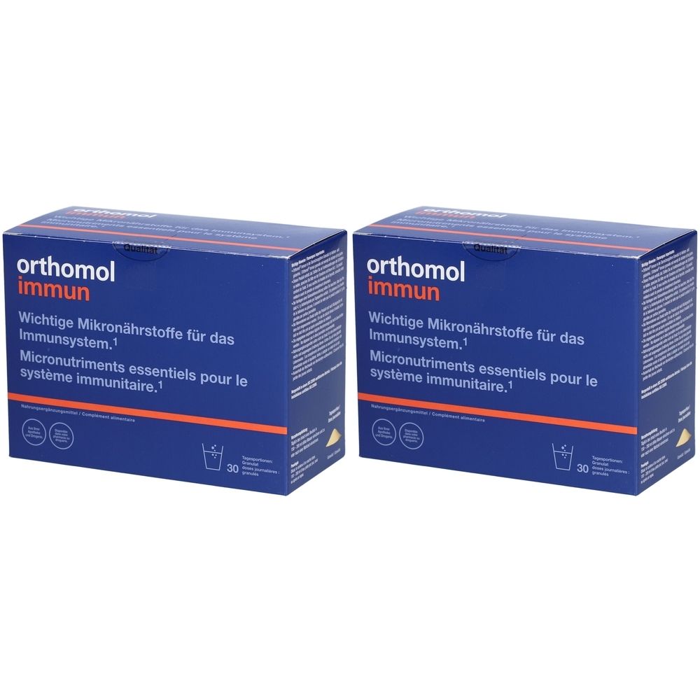 Zwei blaue Kartons mit der Aufschrift "orthomol immun". Text in Deutsch und Französisch. 30 Stück.