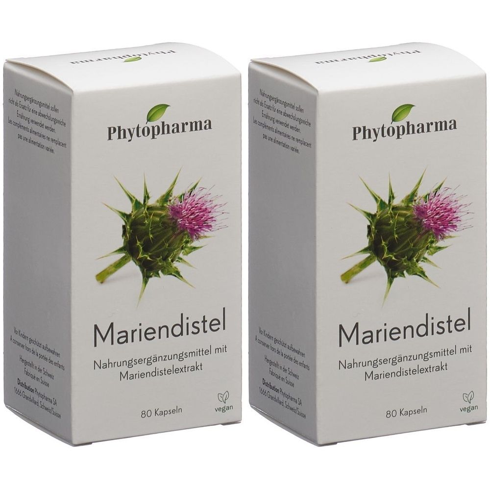 Zwei weiße Kartons mit Produktnamen Mariendistel und Logo von Phytopharma. Aufdruck: Nahrungsergänzungsmittel mit Mariendistelextrakt, 80 Kapseln.