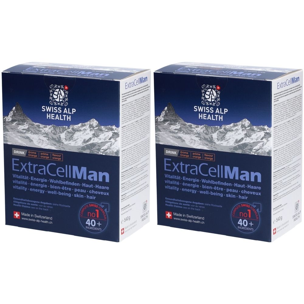 Zwei Kartons Swiss Alp Health ExtraCellMan. Blaue Verpackung mit Produktnamen, Logo und Text. Enthält 40+ Portionen.