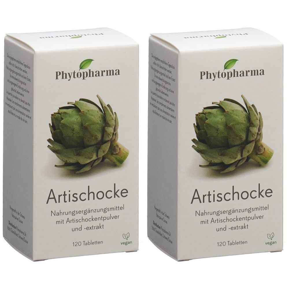 Zwei Schachteln mit Artischocken-Abbildung. Aufschrift: Phytopharma, Artischocke, Nahrungsergänzungsmittel, 120 Tabletten, vegan.