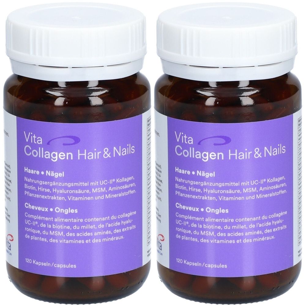 Zwei Flaschen mit weißem Deckel und lila Etikett. Auf dem Etikett steht "Vita Collagen Hair & Nails".