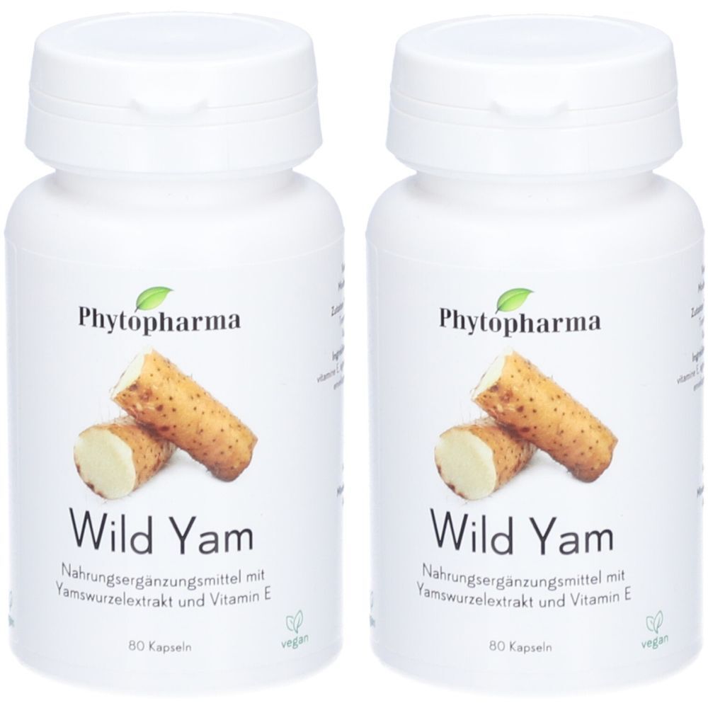 Zwei weiße Flaschen mit dem Produktnamen Wild Yam. Aufschrift: Nahrungsergänzungsmittel mit Yamswurzelextrakt und Vitamin E. 80 Kapseln.