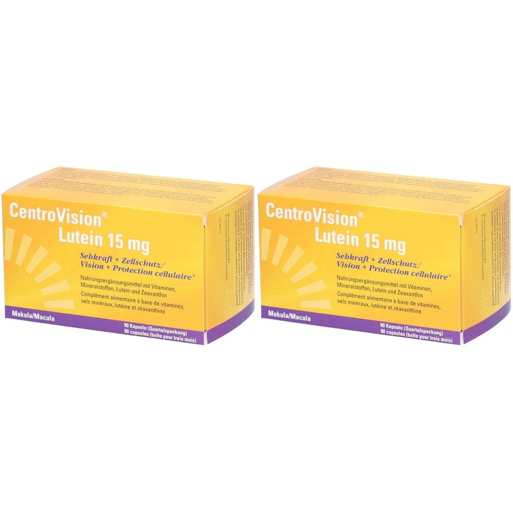 Zwei gelbe Schachteln mit der Aufschrift CentroVision Lutein 15 mg. Text in Deutsch und Französisch. Aufschrift: Seh- und Zellschutz.