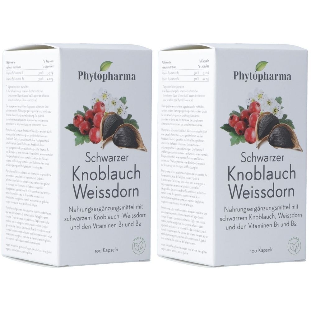 Zwei weiße Kartons mit Produktaufdruck. Aufdruck: Schwarzer Knoblauch Weißdorn, Marke Phytopharma, 100 Kapseln.