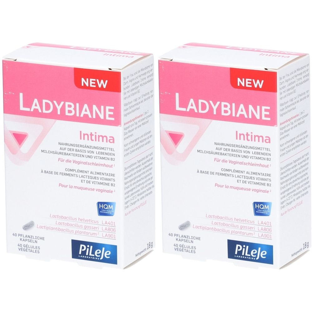 Zwei Kartons LADYBIANE Intima. Rosa-weiße Verpackung mit Produktnamen und Zusatzinformationen. Aufschrift "NEW".
