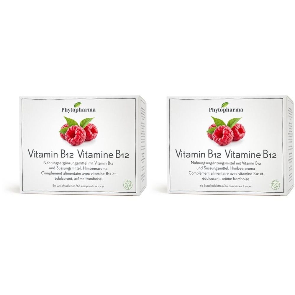 Zwei Schachteln mit Vitamin B12. Aufdruck: Phytopharma, Himbeeren, Text in Deutsch und Französisch.