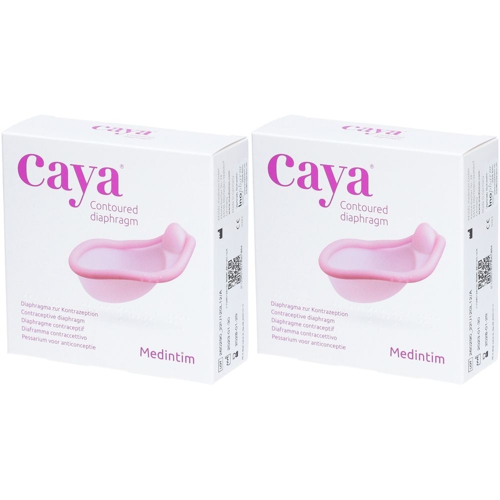 Zwei weiße Kartons mit rosa Caya Diaphragma. Aufschrift "Caya Contoured diaphragm". Medintim-Logo.