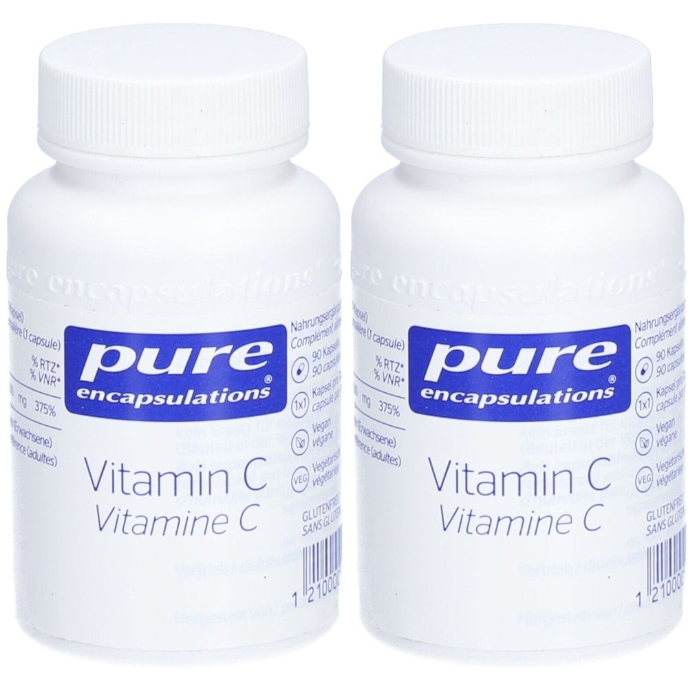 Zwei weiße Flaschen mit Schraubverschluss. Auf blauem Etikett steht "pure encapsulations" und "Vitamin C".