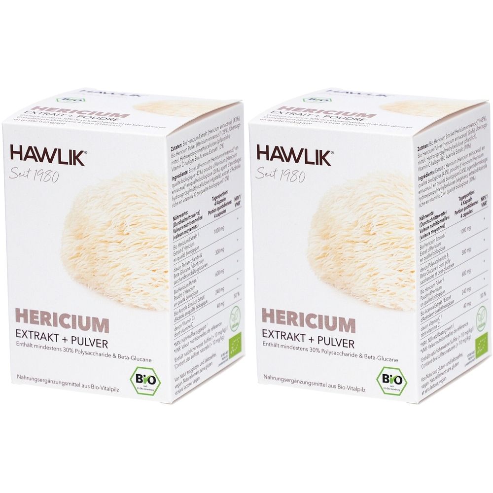 Zwei weiße Kartons mit dem Produktnamen HERICIUM EXTRAKT + PULVER. Aufschrift HAWLIK Seit 1980. Bio-Siegel.