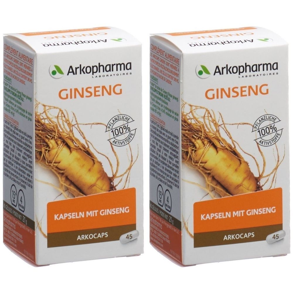 Zwei Kartons Arkopharma Ginseng. Aufdruck: Ginseng, 100% Aktivstoffe, Kapseln mit Ginseng, Arkocaps, 45.