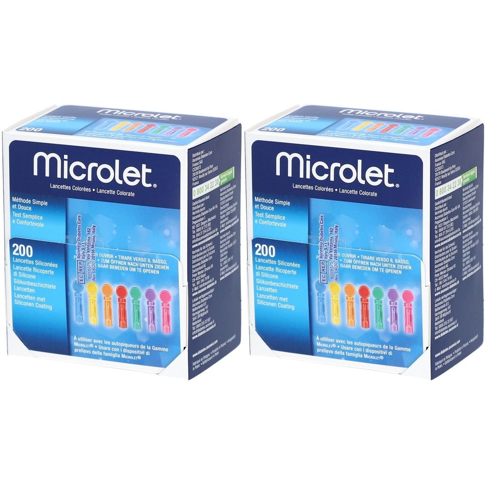 Zwei Schachteln Microlet Lanzetten. Auf jeder Schachtel steht "Microlet" und "200". Farbige Lanzetten sind abgebildet.