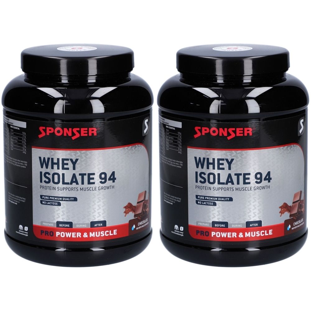 Zwei schwarze Dosen mit SPONSER Whey Isolate 94. Aufschrift: Protein unterstützt Muskelwachstum. Roter Schriftzug.