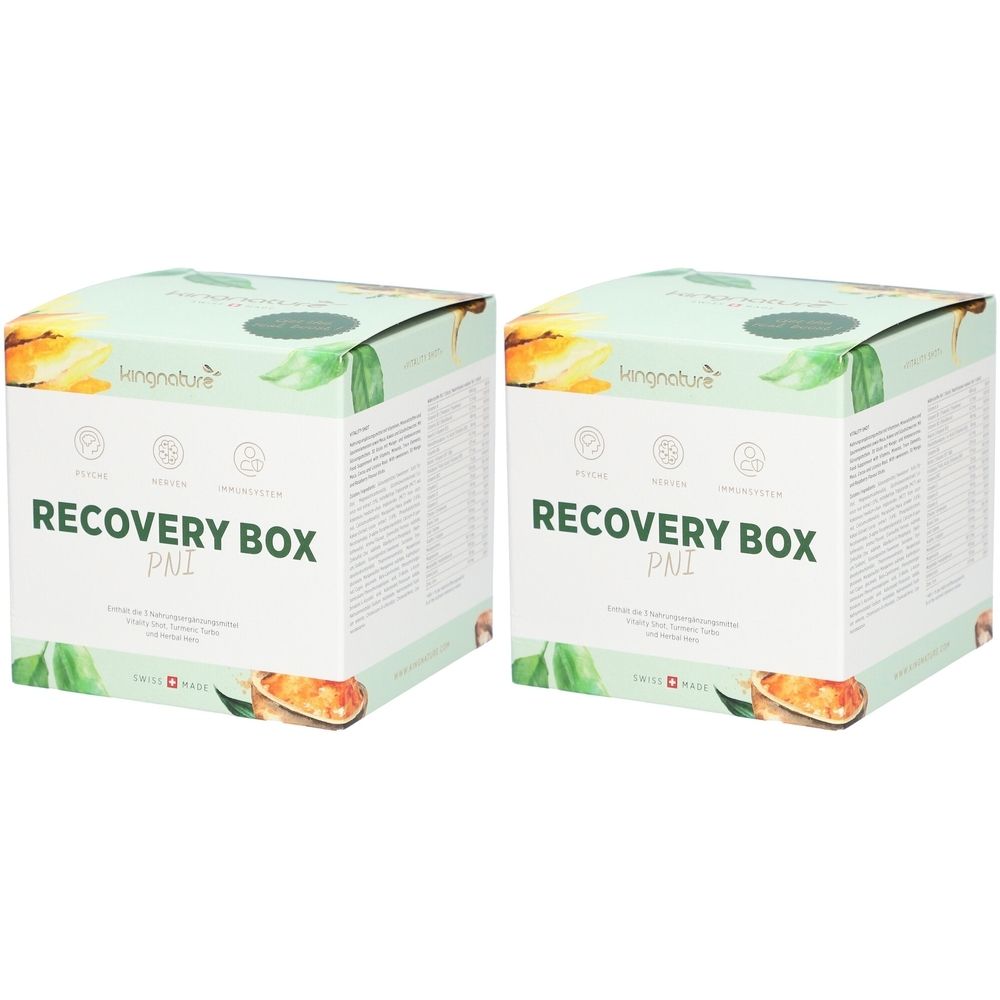 Zwei quadratische Kartons mit Aufdruck. Aufschrift: Recovery Box PNI. Marke: kingnature. Mit Sonnenblumen- und Blättermotiven.