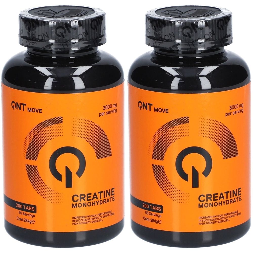 Deux flacons de QNT Move Créatine Monohydrate. Étiquettes orange avec informations produit. Bouchons et corps noirs.