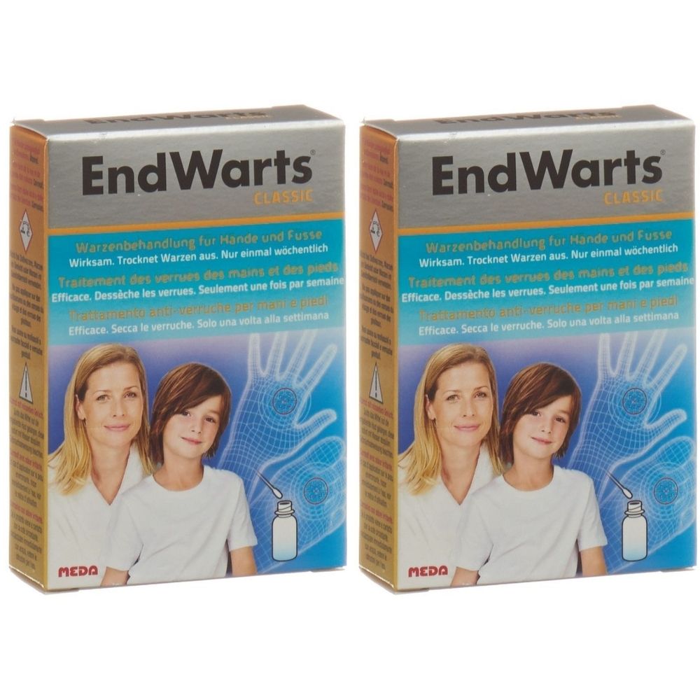 Zwei Schachteln ENDWARTS® Klassisch. Aufschrift: Warzenbehandlung für Hände und Füße. Abbildung von Mutter und Kind.