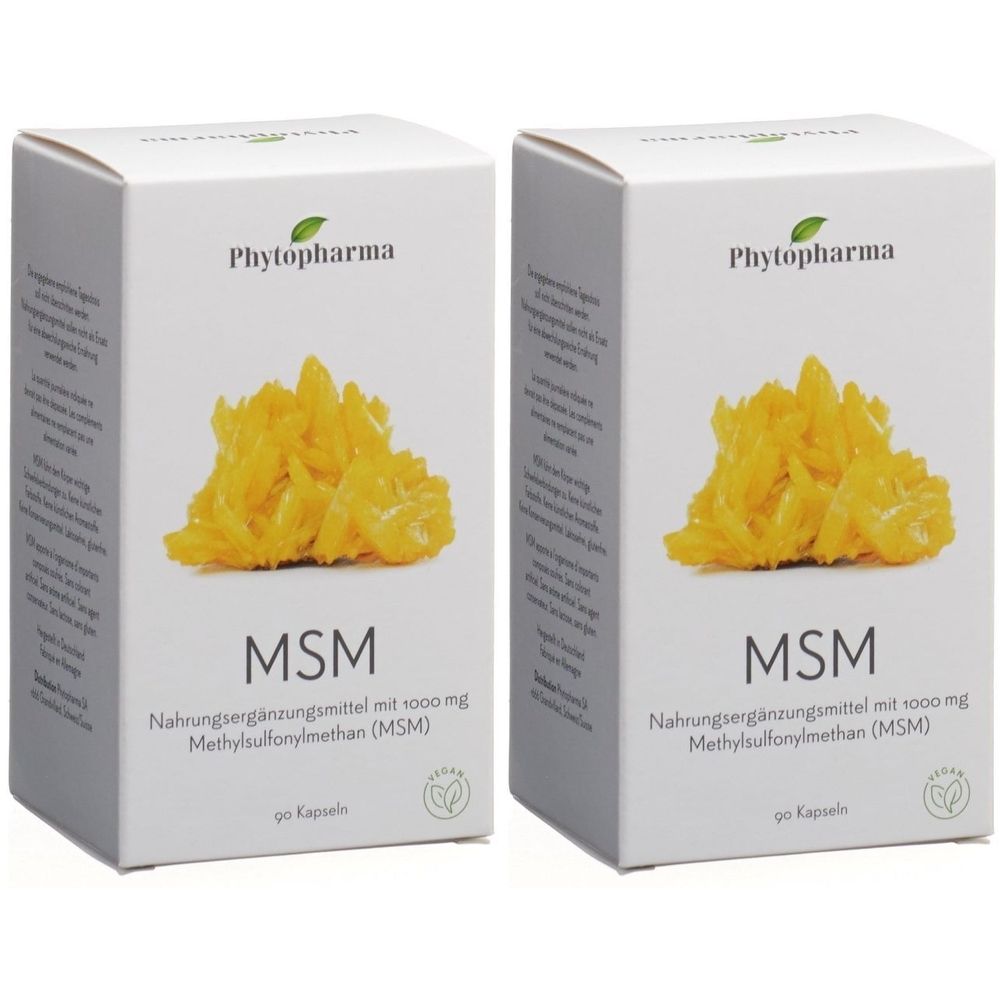 Zwei weiße Kartons mit Produktinformationen. Aufschrift: Phytopharma, MSM, Nahrungsergänzungsmittel. Vegan-Siegel.