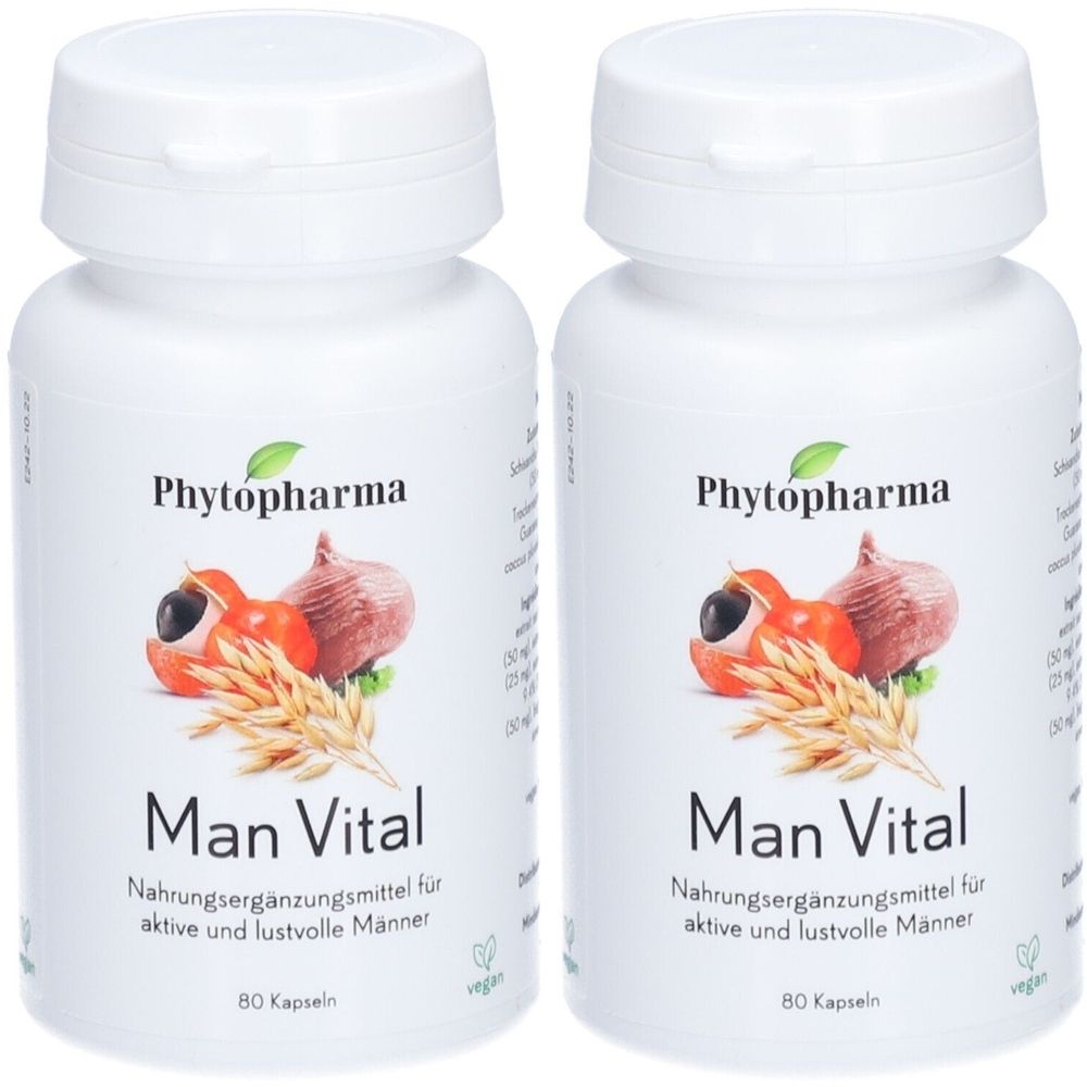Zwei weiße Flaschen mit Kapseln. Aufschrift: Phytopharma, Man Vital. Vegan-Siegel. 80 Kapseln.