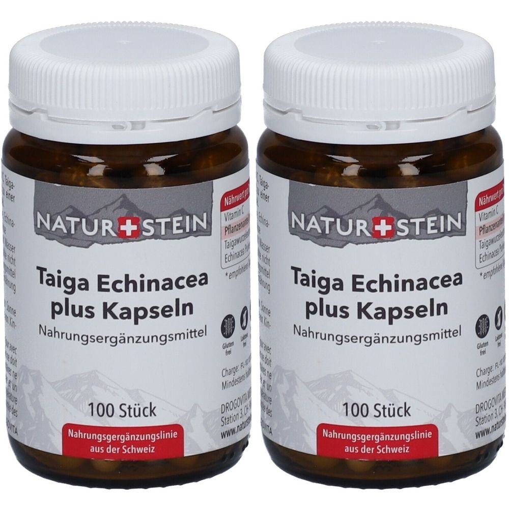 Zwei braune Glasflaschen mit weißen Deckeln. Auf den Etiketten steht "NATUR+STEIN Taiga Echinacea plus Kapseln". 100 Stück.