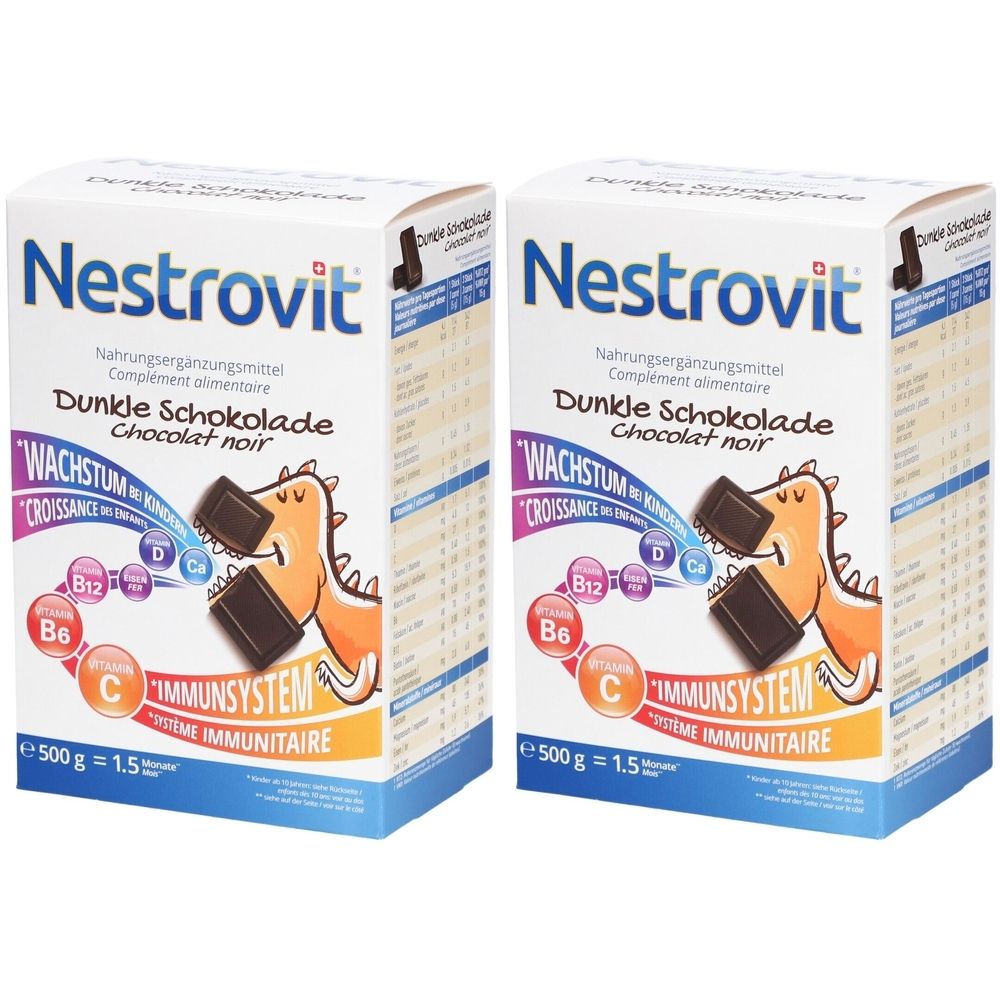 Deux boîtes de Nestrovit Chocolat noir. Inscriptions : Croissance, système immunitaire, vitamines B6, B12, C, D et Ca. 500g.