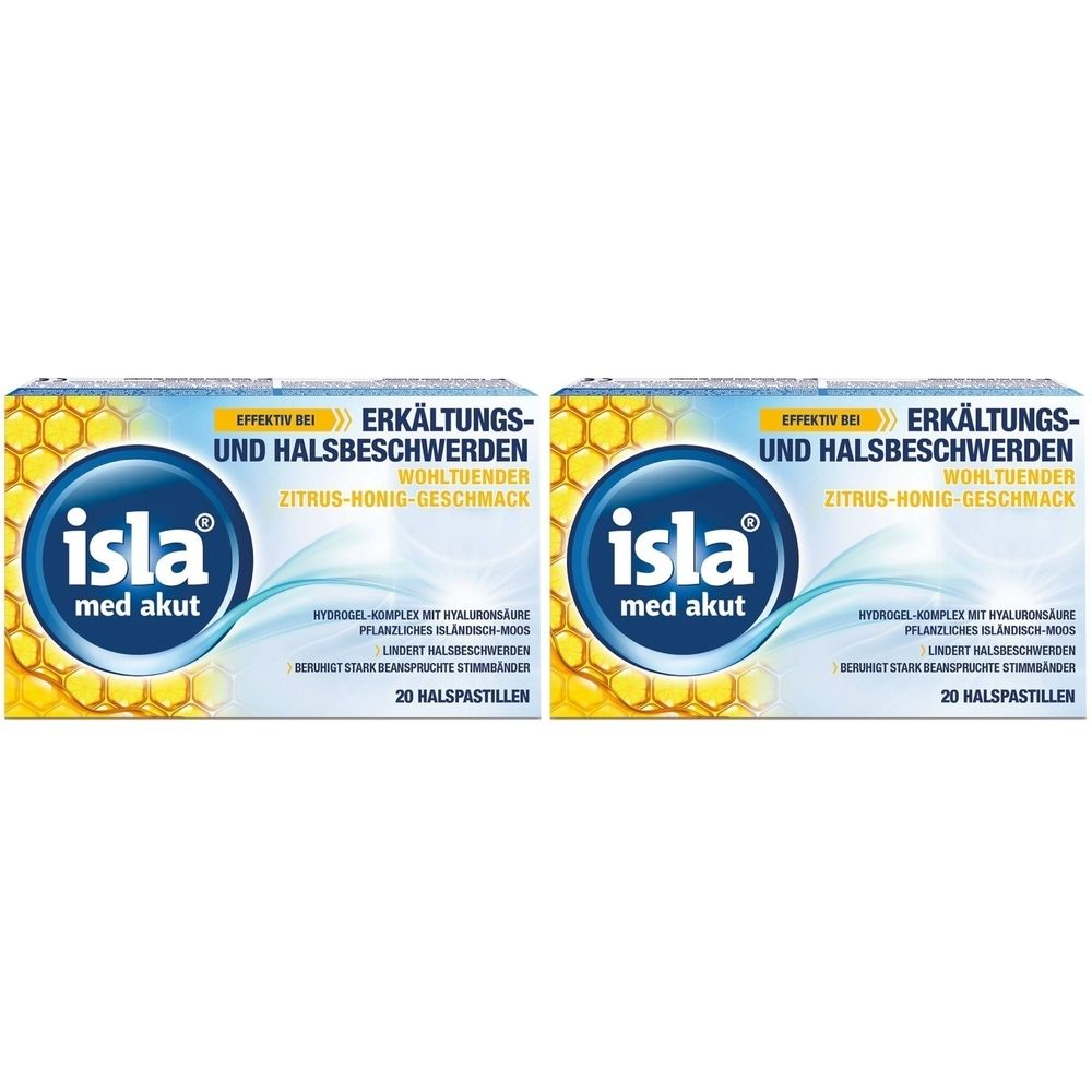Twee verpakkingen "isla med akut" pastilles. Blauwe verpakking met geel honingraatpatroon en tekst.