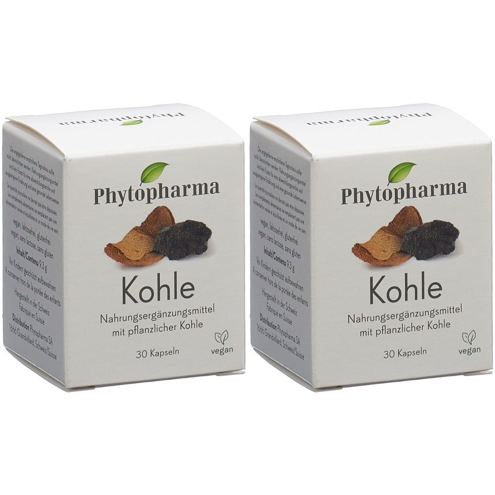 Zwei weiße Kartons mit Produktabbildung und Aufschrift 'Phytopharma Kohle'. Enthält 30 Kapseln, vegan.