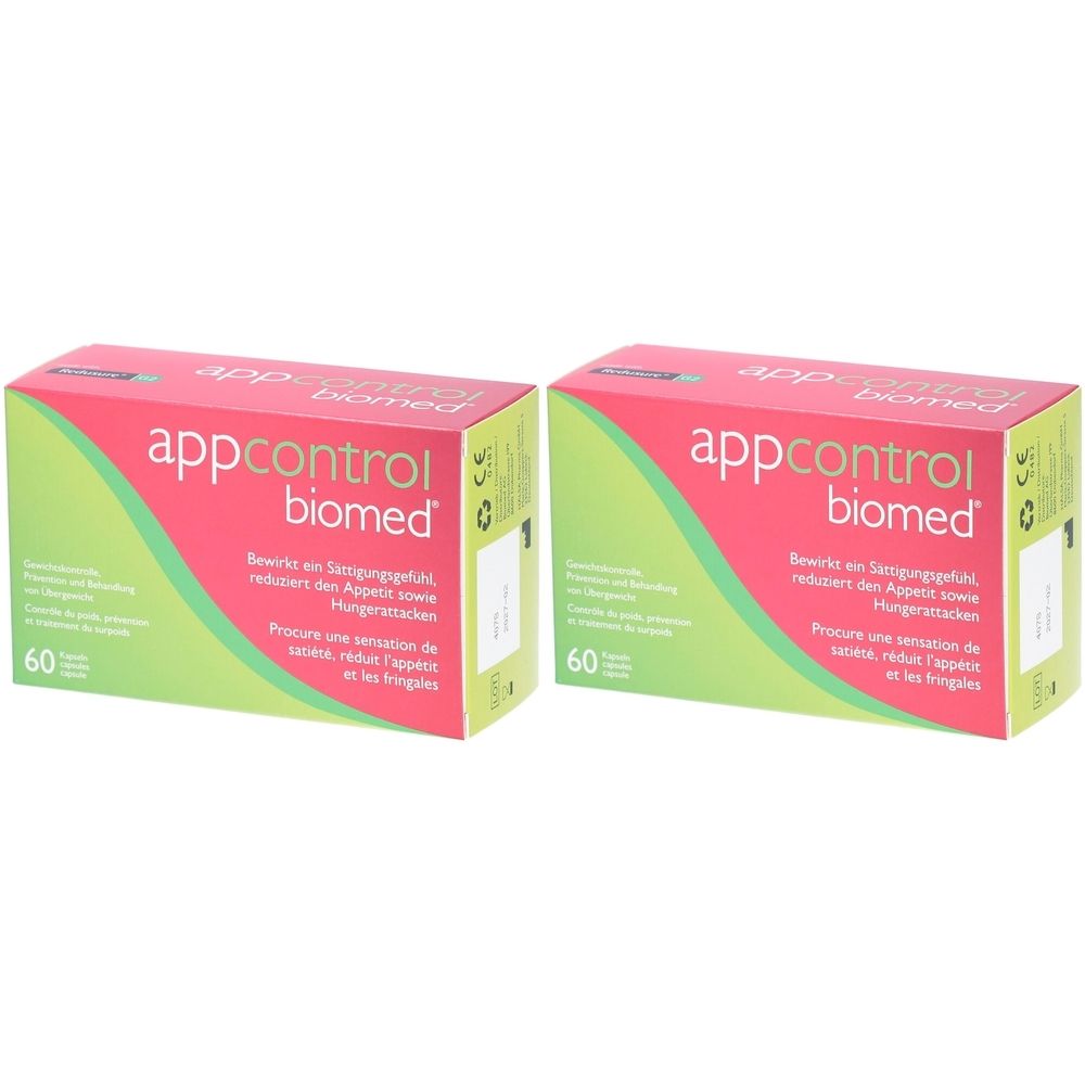 Zwei Schachteln mit "appcontrol biomed"-Logo. Jede Schachtel enthält 60 Tabletten. Text in Deutsch und Französisch.