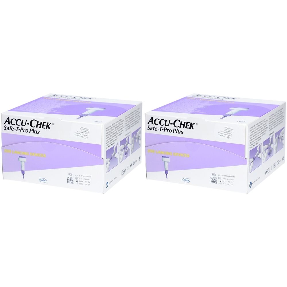 Zwei Kartons ACCU-CHEK Safe-T-Pro Plus Lanzetten. Weiß mit lila Akzenten. Aufschrift ACCU-CHEK und Produktname. Illustration einer Lanzette.
