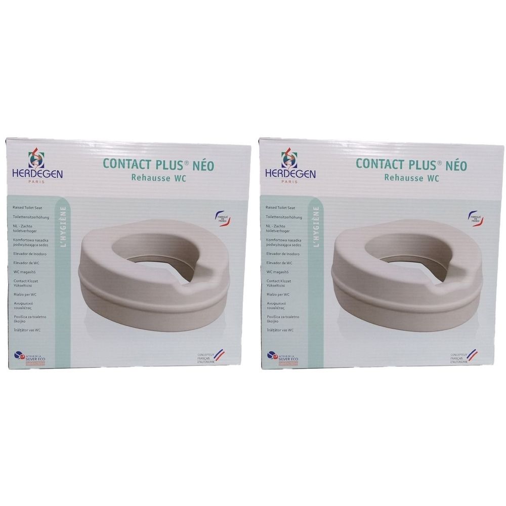 Zwei WC-Sitzerhöhungen in Verpackung. Marke Herdegen, Modell Contact Plus Néo. Erhöhung für WC.