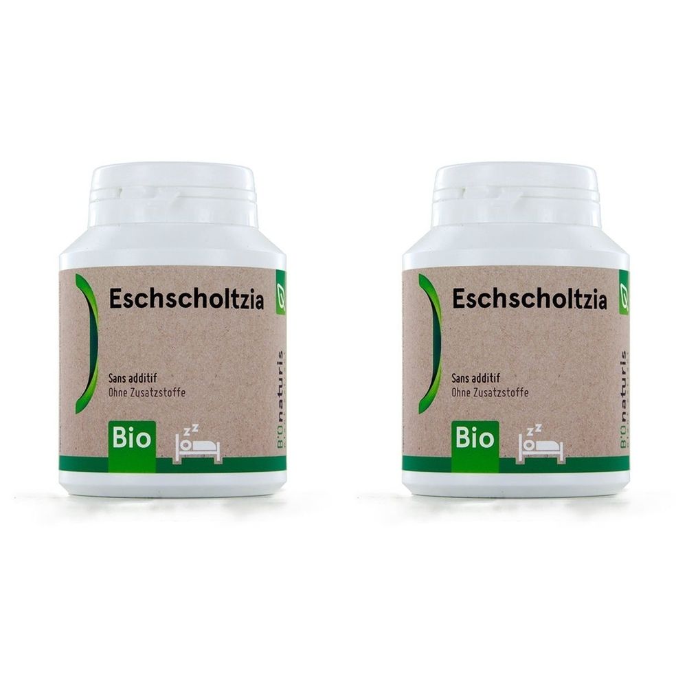 Zwei weiße Flaschen mit Etiketten. Aufschrift: Eschscholtzia, Bio, ohne Zusatzstoffe. Grün-braunes Design. Schlafzimmer-Symbol.