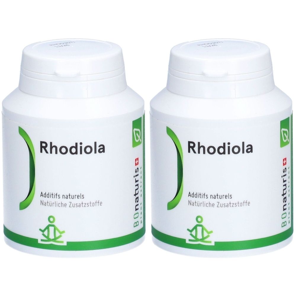 Zwei weiße Flaschen mit dem Aufdruck "Rhodiola". Aufschrift "Additifs naturels" und "Natürliche Zusatzstoffe". Logo von Bonaturis.