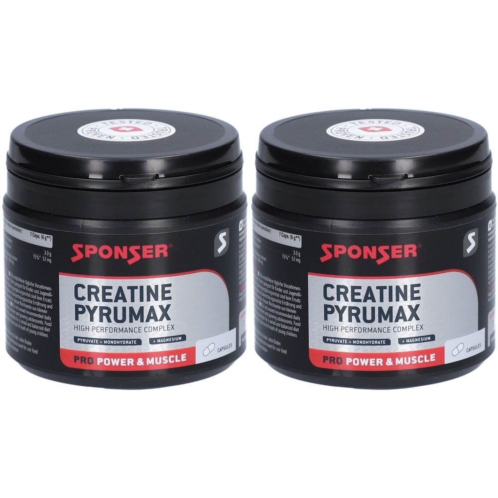 Zwei schwarze Dosen SPONSER Creatine Pyrumax. Aufschrift: PRO POWER & MUSCLE. Deckel mit rotem Logo. Etikett mit Produktinformationen.