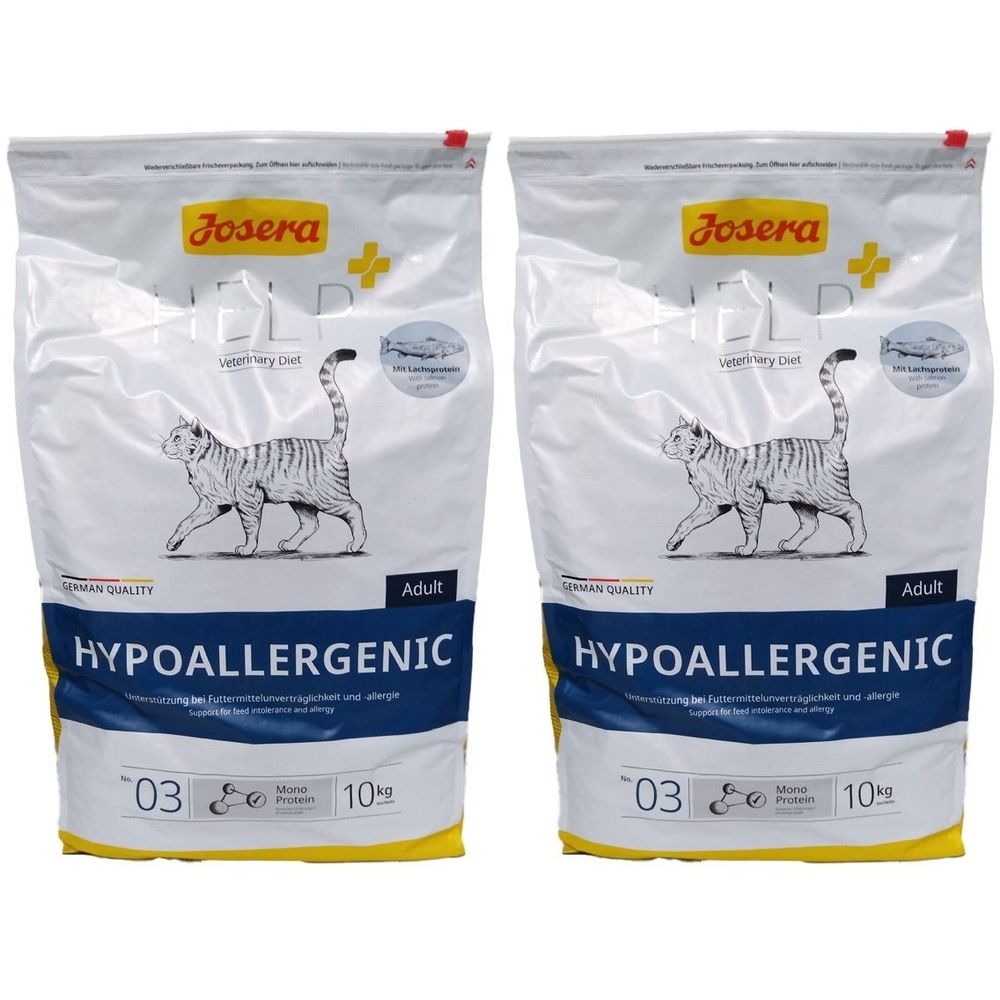 Zwei Säcke Katzenfutter. Aufschrift: JOSERA, HELP+, hypoallergen, Adult. Abbildung einer Katze. 10 kg.