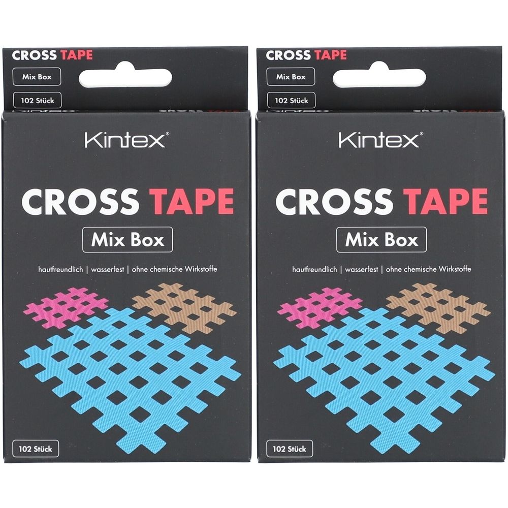 Zwei schwarze Kartons mit der Aufschrift "CROSS TAPE Mix Box". Darunter farbige Gittermuster. Marke: Kintex. 102 Stück.