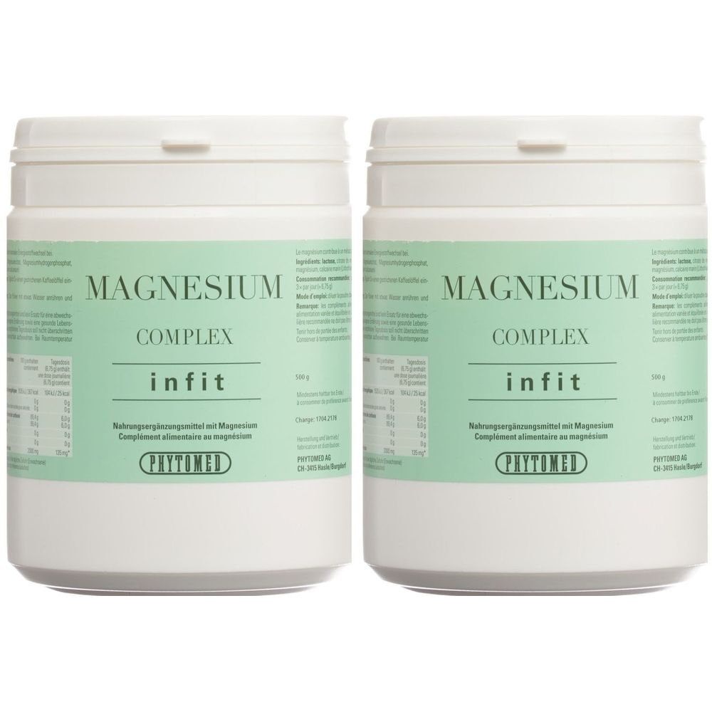 Zwei weiße Dosen mit grünem Etikett. Aufschrift: Magnesium Complex, infit. Marke: PHYTOMED. Nahrungsergänzungsmittel.