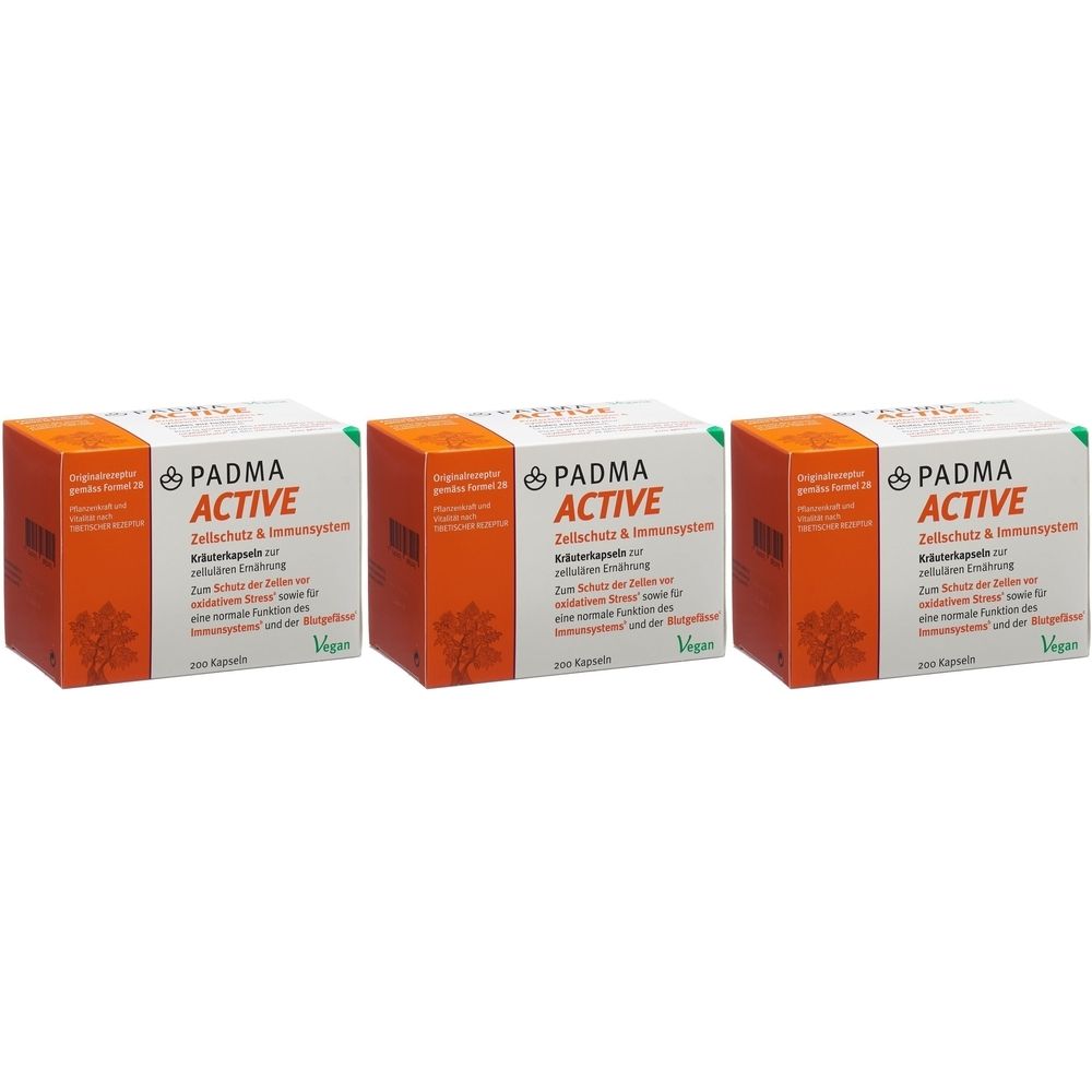 Drei Schachteln mit der Aufschrift "PADMA ACTIVE". Weiße und orangefarbene Verpackung mit grünen Akzenten. Vegan.