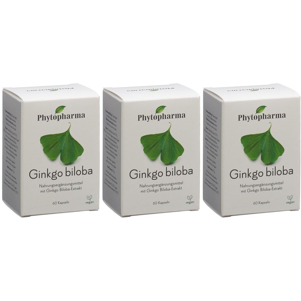 Drei Schachteln PHYTOPHARMA Ginkgo biloba. Weiße Verpackung mit Ginkgo-Blatt-Abbildung und Schriftzug. 60 Kapseln, vegan.
