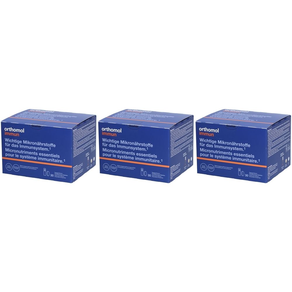 Drei blaue Kartons mit der Aufschrift "orthomol immun". Text in Deutsch und Französisch. Mikronährstoffe für das Immunsystem.