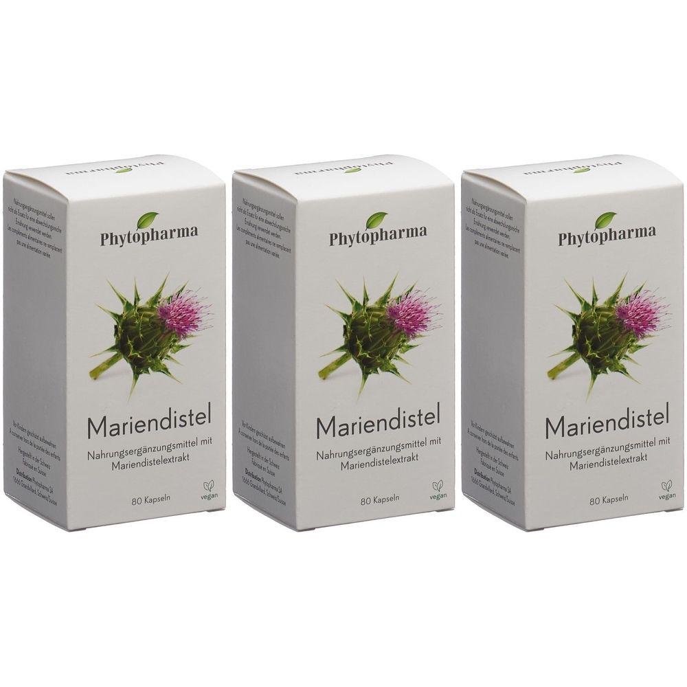 Trois boîtes de complément alimentaire au chardon-marie. Chaque boîte porte le logo Phytopharma et une illustration de chardon-marie.