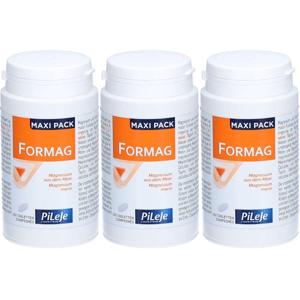Trois flacons blancs avec couvercles. Sur chacun, "FORMAG" et "MAXI PACK". En dessous, "Magnésium marin".