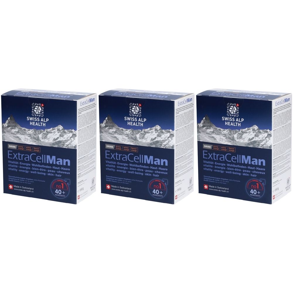 Drei Schachteln EXTRA CELL Man. Blaue Verpackung mit Logo, Bergmotiv und Produktinformationen. Altersempfehlung: 40+.