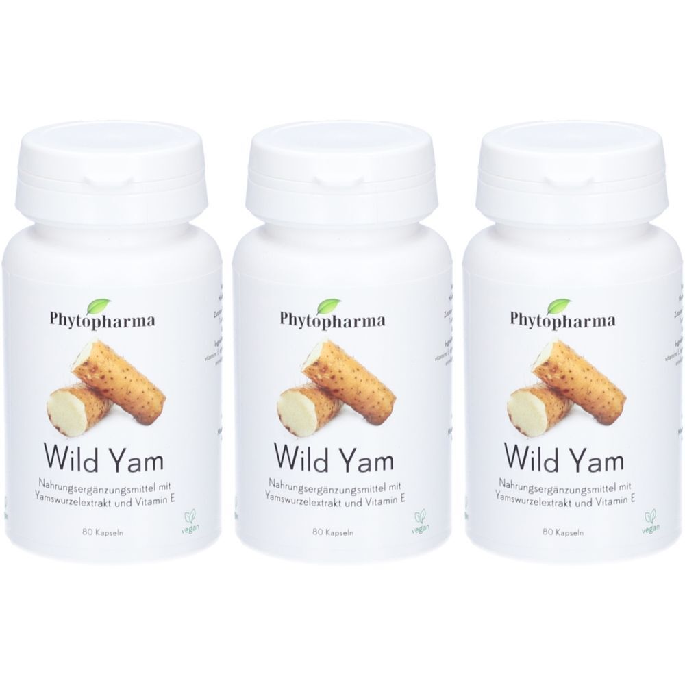 Drei weiße Flaschen mit Kapseln. Auf jeder Flasche steht "Phytopharma Wild Yam". Abbildung von Yamswurzeln. Text: Nahrungsergänzungsmittel mit Yamswurzelextrakt und Vitamin E.