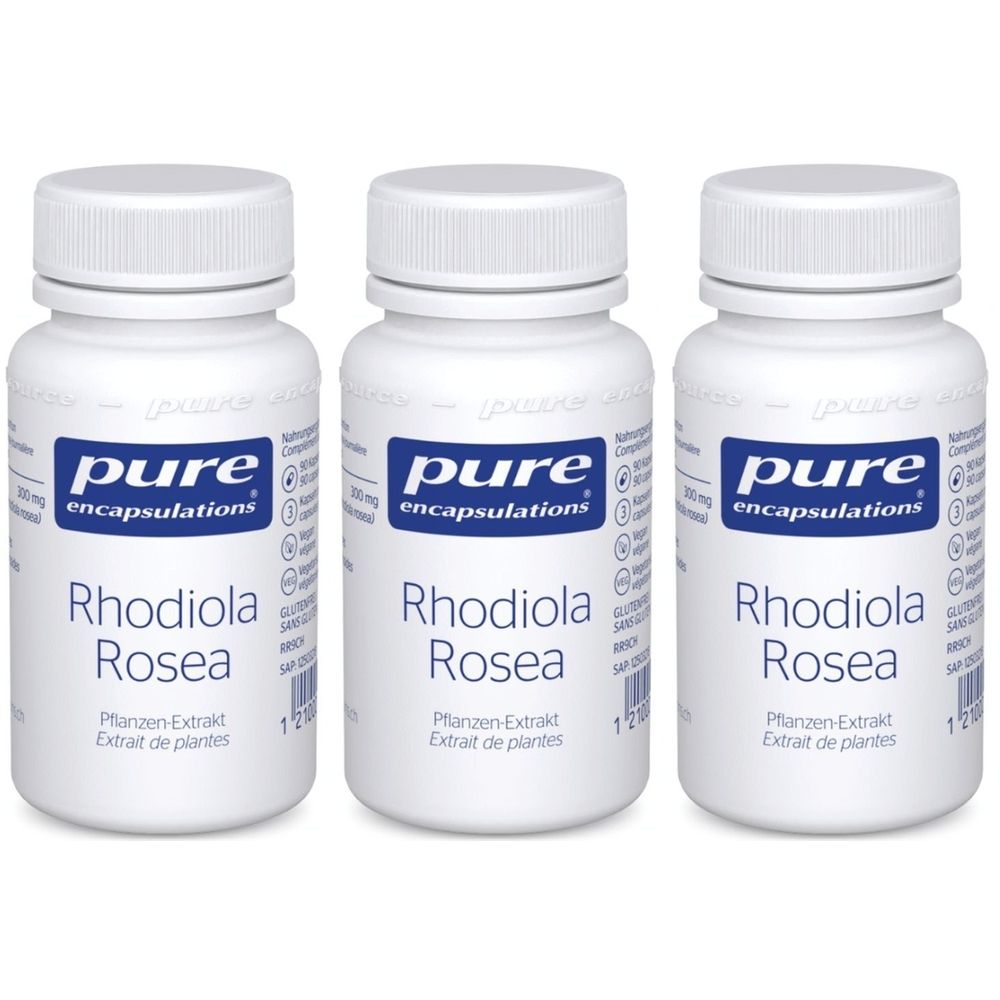 Drei weiße Flaschen mit Schraubverschluss. Auf jeder Flasche steht "pure encapsulations Rhodiola Rosea".